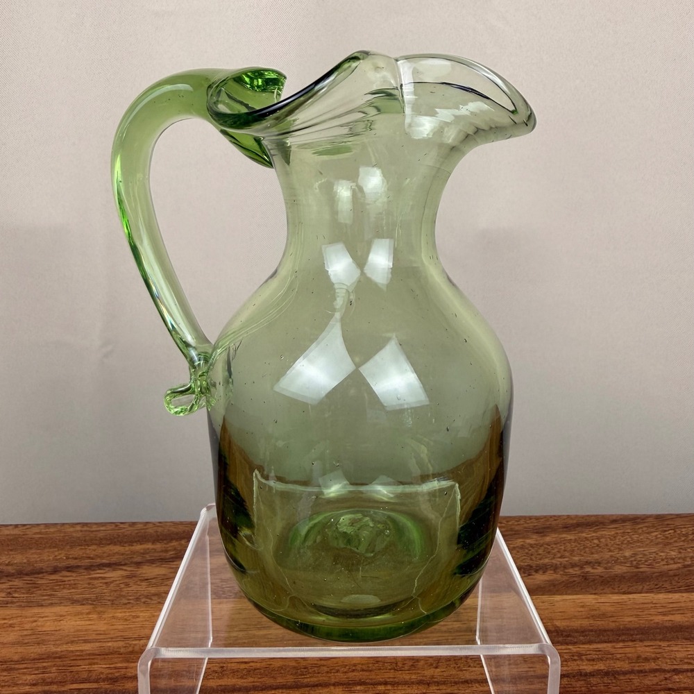 Pilgrim Glass Vintage Green Hand Blown Pitcher Ruffled Rim Mid Century Modern